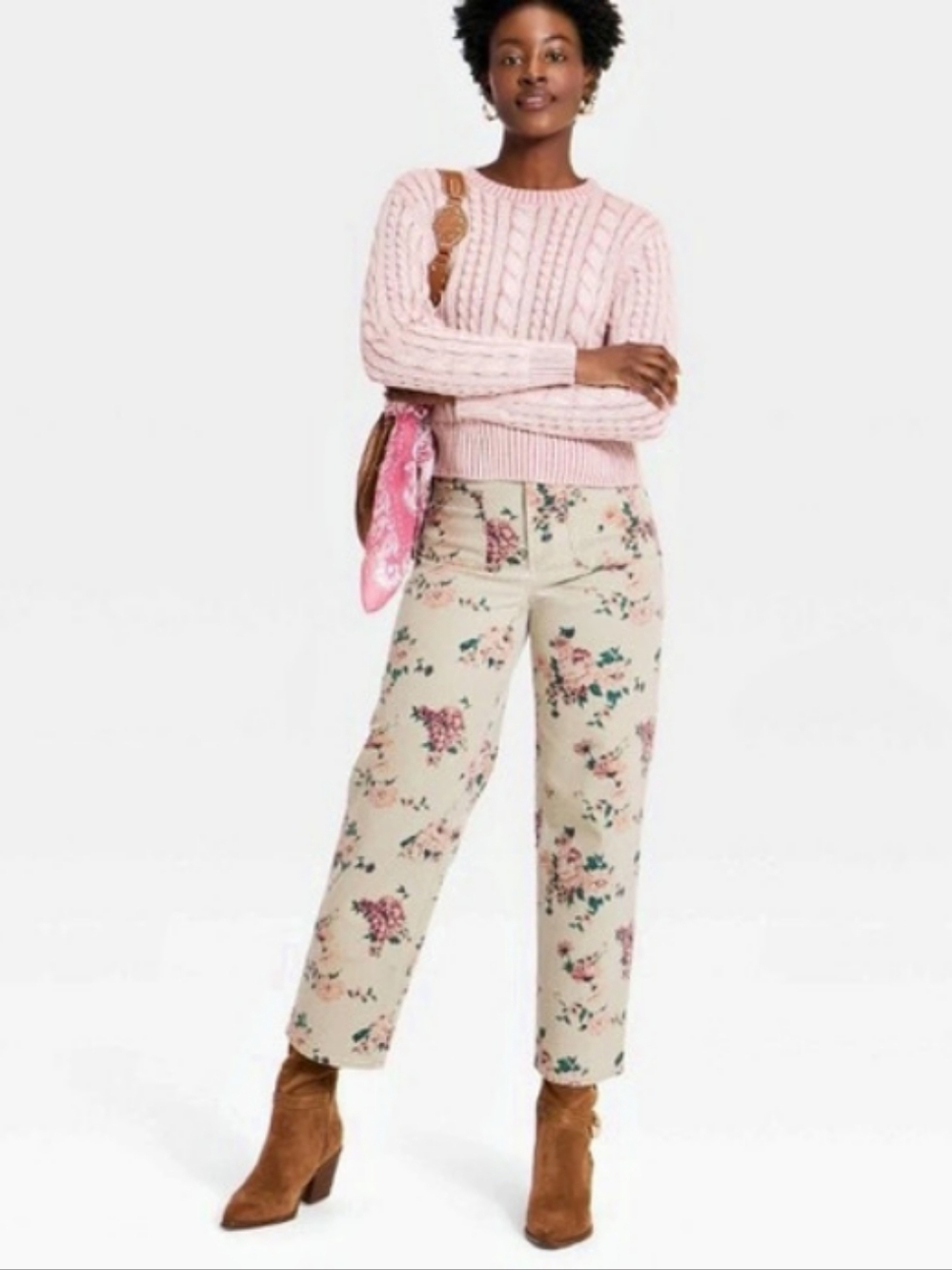 Universal Thread Cable Crewneck Pullover Sweater Pink